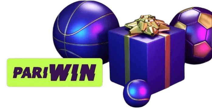 PariWin promotional image featuring wrapped gift boxes with blue and purple spherical decorations and brand logo