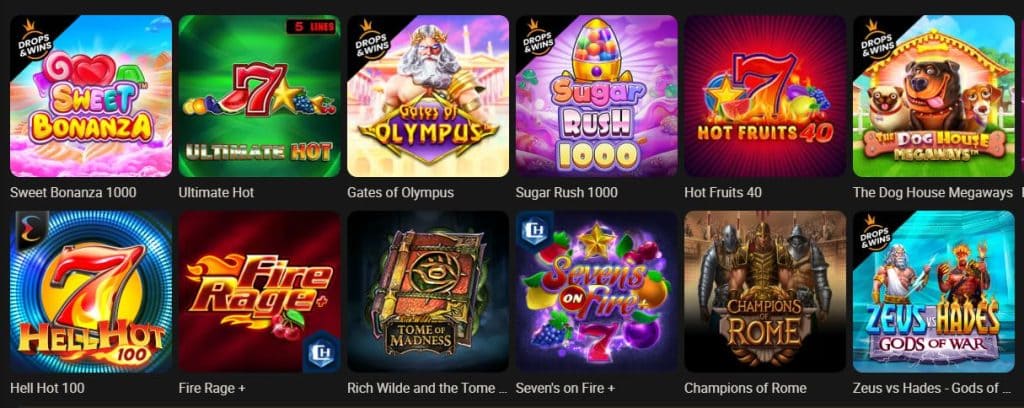 Online casino slot games grid displaying titles including Sweet Bonanza, Gates of Olympus, Sugar Rush, Hot Fruits, and other themed slot machines